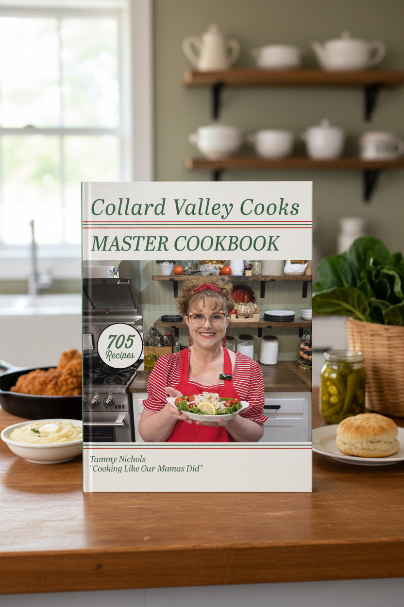 Collard Valley Cooks Master Cookbook cover displayed on a warm kitchen counter